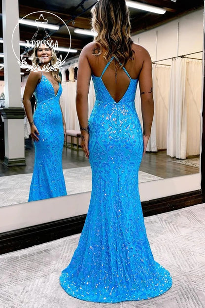 Blue Long Sequin Lace Prom Dresses with V Neck, PD25948