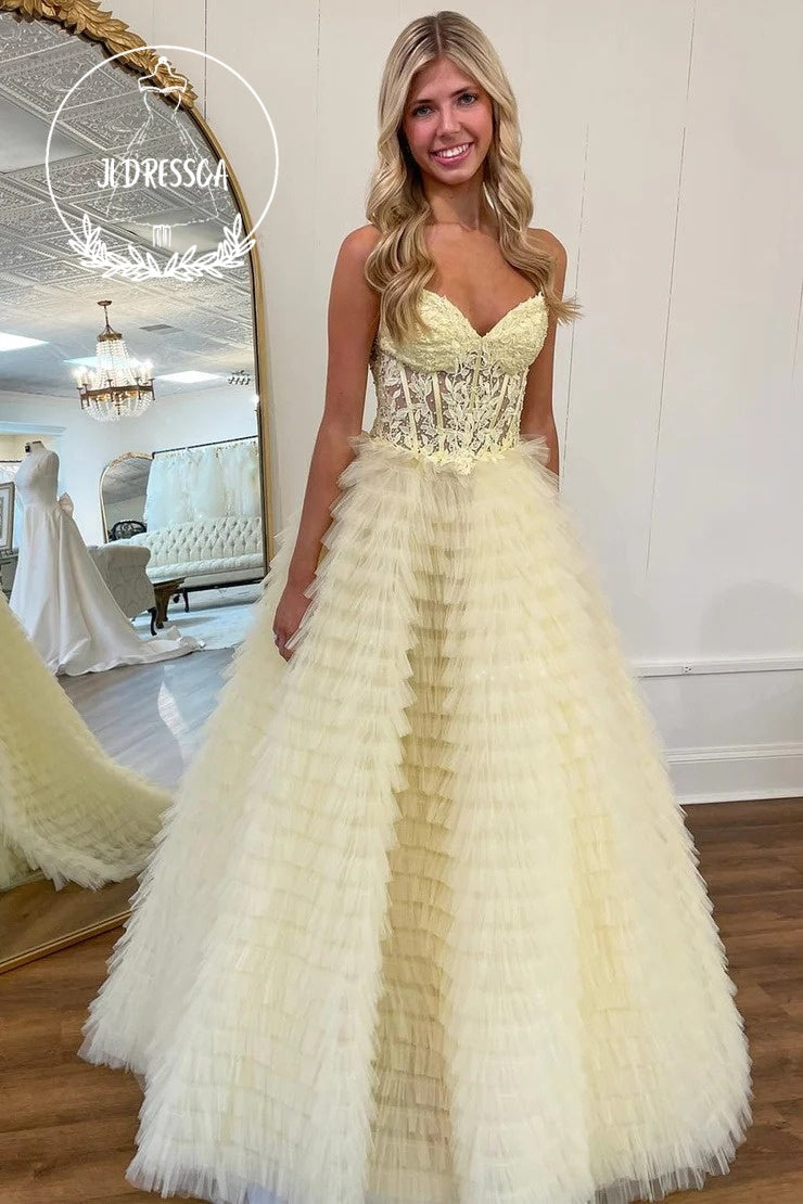 Yellow Sweetheart Ruffle Tiered Long A-Line Prom Dress with Appliques, PD25968