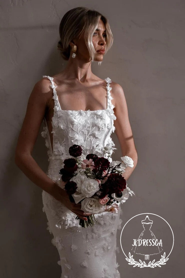 Fairy Long Mermaid Lace Wedding Dresses with Square Neck and 3D Appliques, WD25003