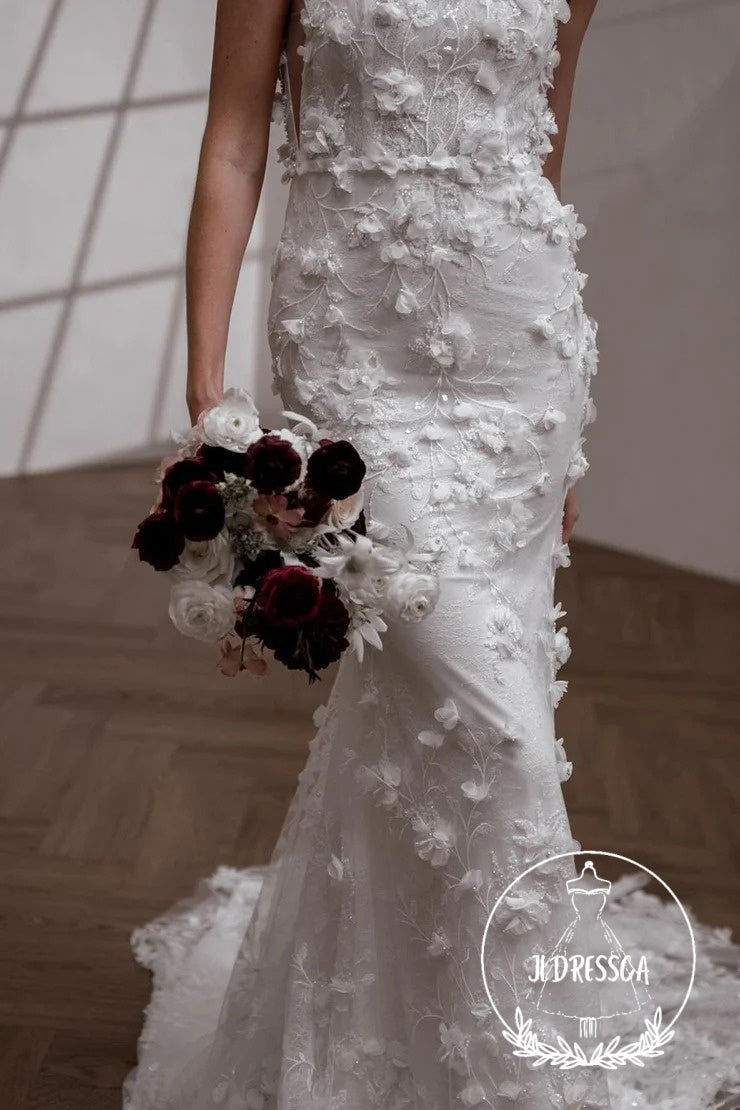 Fairy Long Mermaid Lace Wedding Dresses with Square Neck and 3D Appliques, WD25003