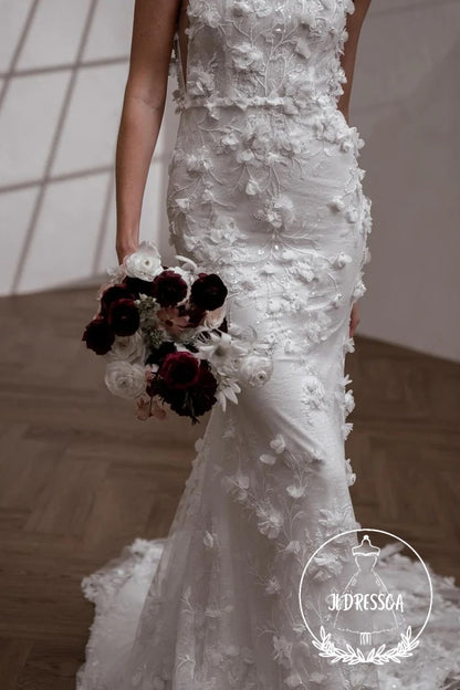 Fairy Long Mermaid Lace Wedding Dresses with Square Neck and 3D Appliques, WD25003