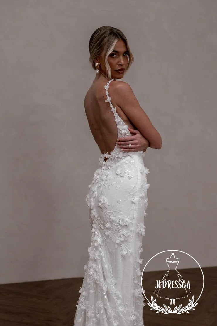 Fairy Long Mermaid Lace Wedding Dresses with Square Neck and 3D Appliques, WD25003