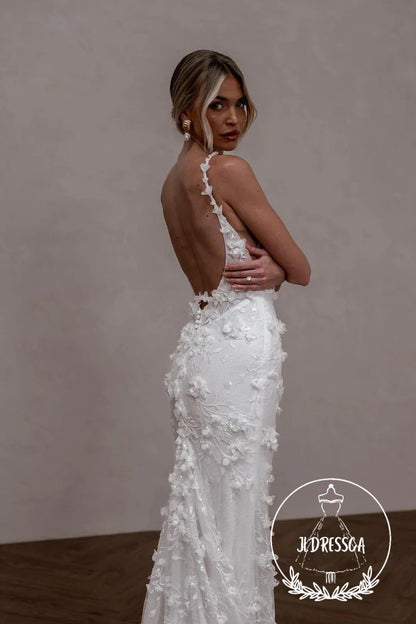 Fairy Long Mermaid Lace Wedding Dresses with Square Neck and 3D Appliques, WD25003