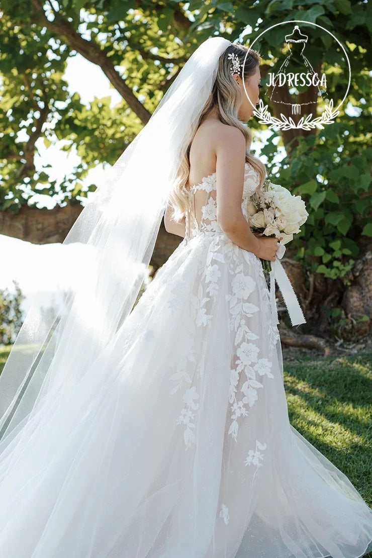 A-Line Sweetheart Tulle Lace Wedding Dresses, WD25028
