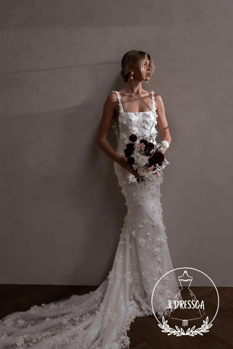 Fairy Long Mermaid Lace Wedding Dresses with Square Neck and 3D Appliques, WD25003