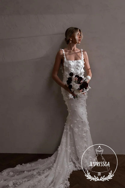 Fairy Long Mermaid Lace Wedding Dresses with Square Neck and 3D Appliques, WD25003
