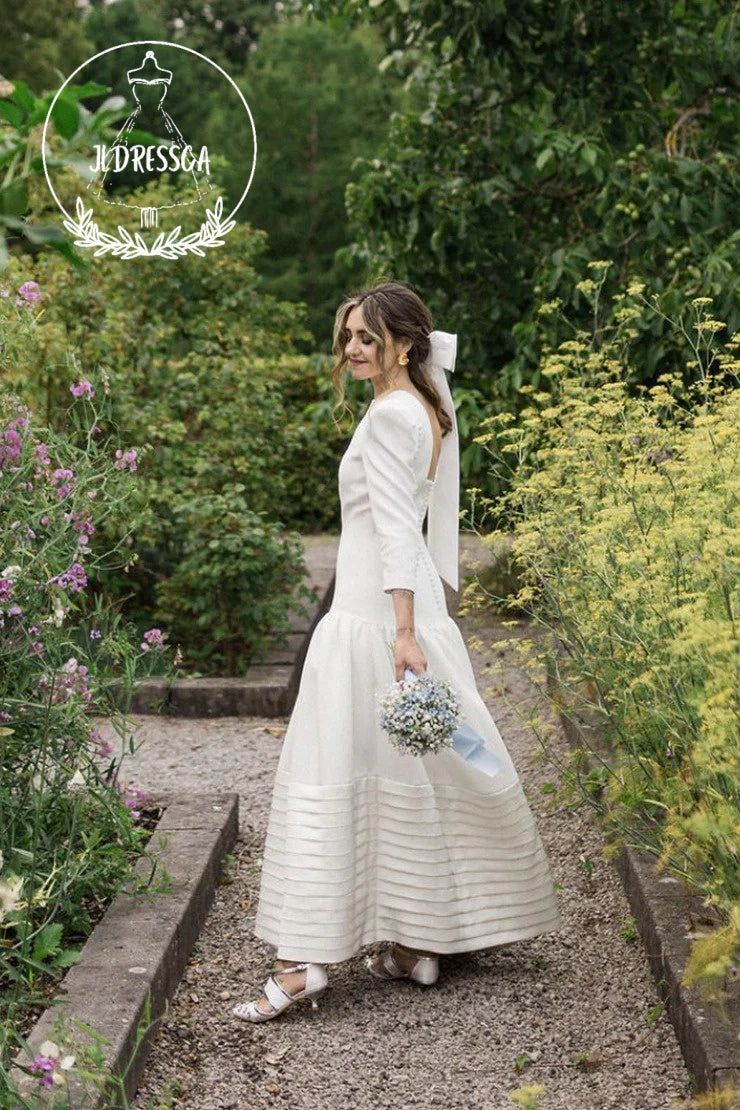 Vintage Long A-Line Satin Wedding Dress with Round Neck and Long Sleeves, WD25018