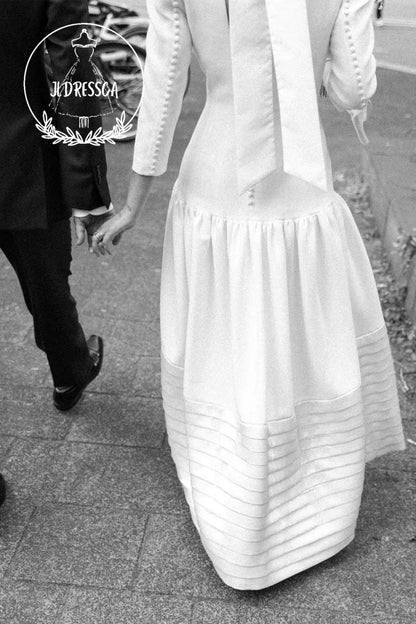 Vintage Long A-Line Satin Wedding Dress with Round Neck and Long Sleeves, WD25018