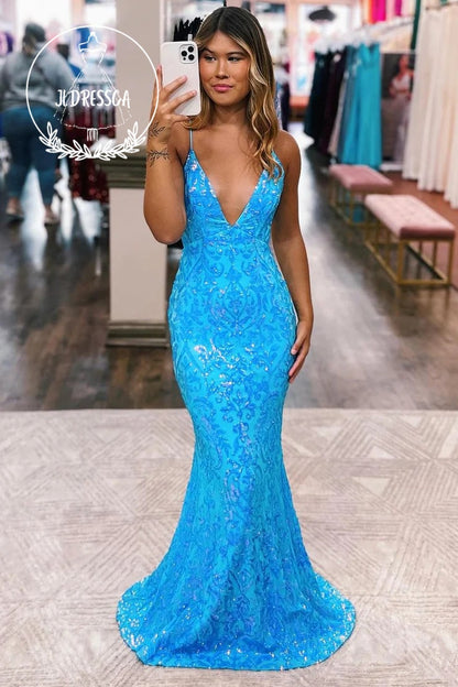 Blue Long Sequin Lace Prom Dresses with V Neck, PD25948