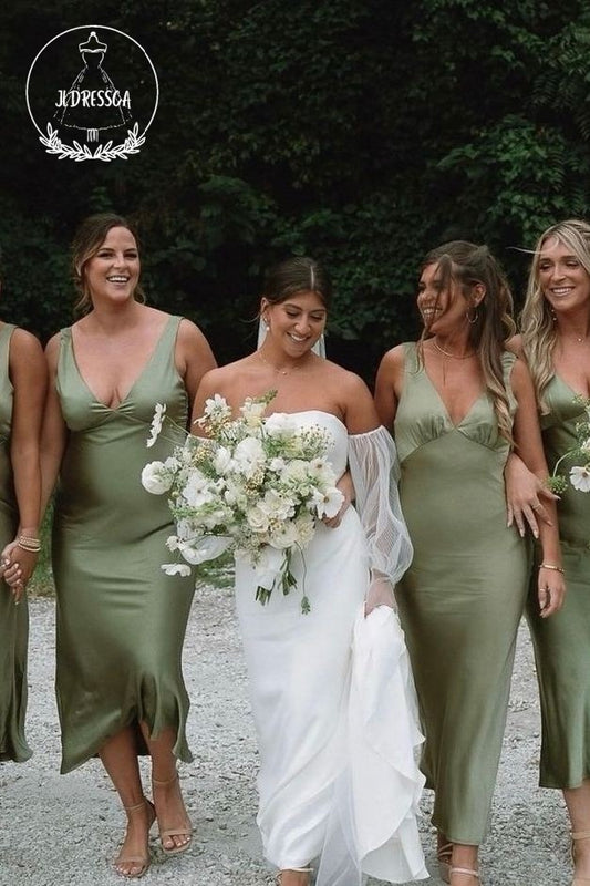 Olive Sheath V Neck Straps Chic Silk Satin Long Bridesmaid Dress, BD25048