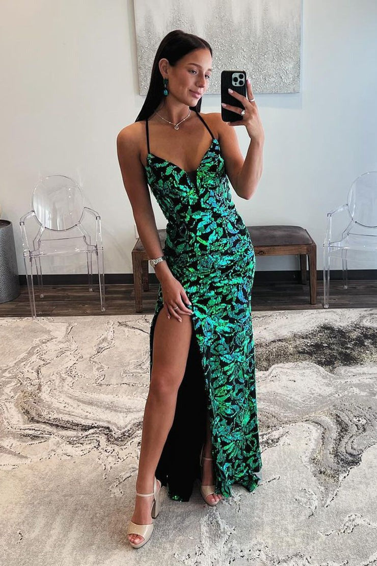 V Neck Green Sequins Lace Mermaid Long Prom Dress with Slit, PD25081