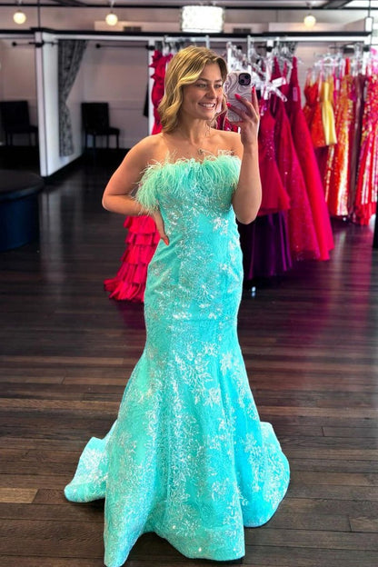 Strapless Mermaid Mint Sequins Long Prom Dress with Feather, PD25156
