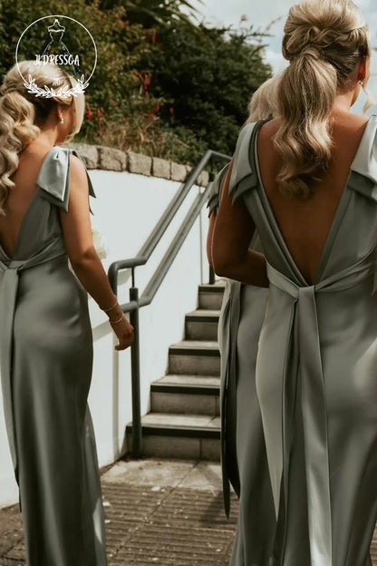 Sage Green Sheath V Neck Fashion Silk Satin Bridesmaid Dress with Bow, BD25029