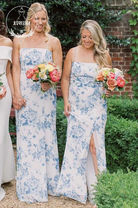 Printed Porcelain Sheath Simple Long Bridesmaid Dresses with Slit, BD25049