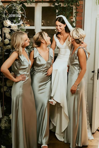Sage Green Sheath V Neck Fashion Silk Satin Bridesmaid Dress with Bow, BD25029