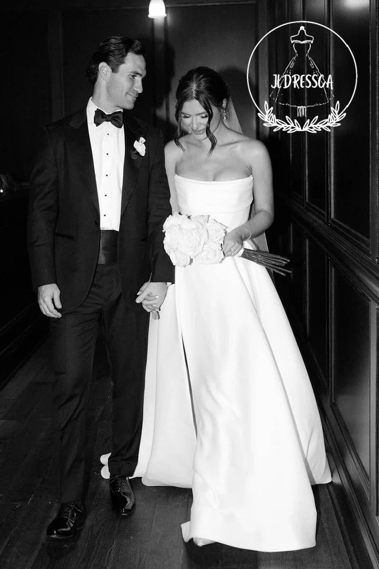 A-Line Strapless Satin Wedding Dress with Slit, WD25029