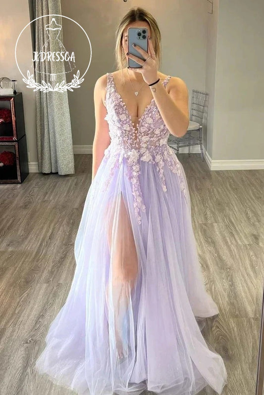Charming Long A Line Light Purple Prom Dress with Deep V Neck and Appliques, PD25949