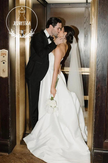 Charming Long White Strapless Satin A - Line Wedding Dresses with Slit, WD25019