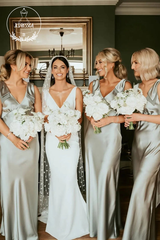 Sage Green Sheath V Neck Fashion Silk Satin Bridesmaid Dress with Bow, BD25029