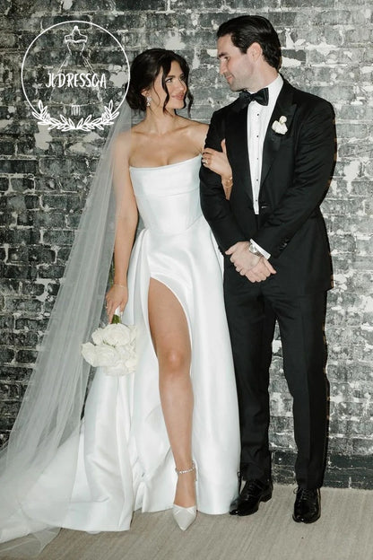 A-Line Strapless Satin Wedding Dress with Slit, WD25029