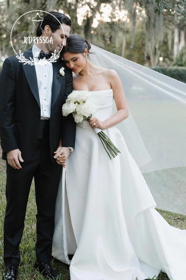 Charming Long White Strapless Satin A - Line Wedding Dresses with Slit, WD25019