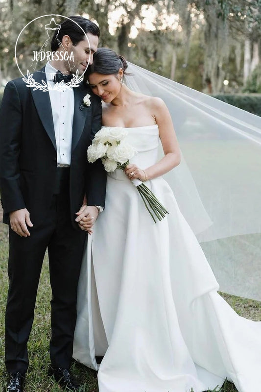 Charming Long White Strapless Satin A - Line Wedding Dresses with Slit, WD25019