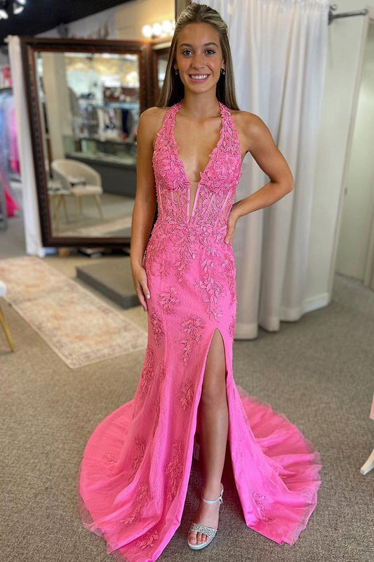 V Neck Mermaid Pink Lace Long Prom Dresses with Appliques