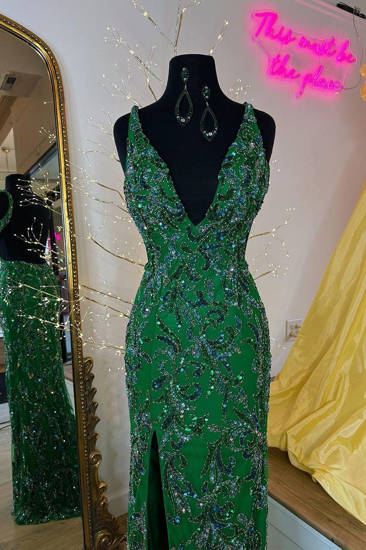 Dark Green V Neck Sequins Lace Mermaid Long Prom Dress with Slit