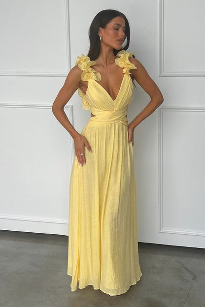 Satin Yellow V Neck A-Line Long Prom Dress, PD25180