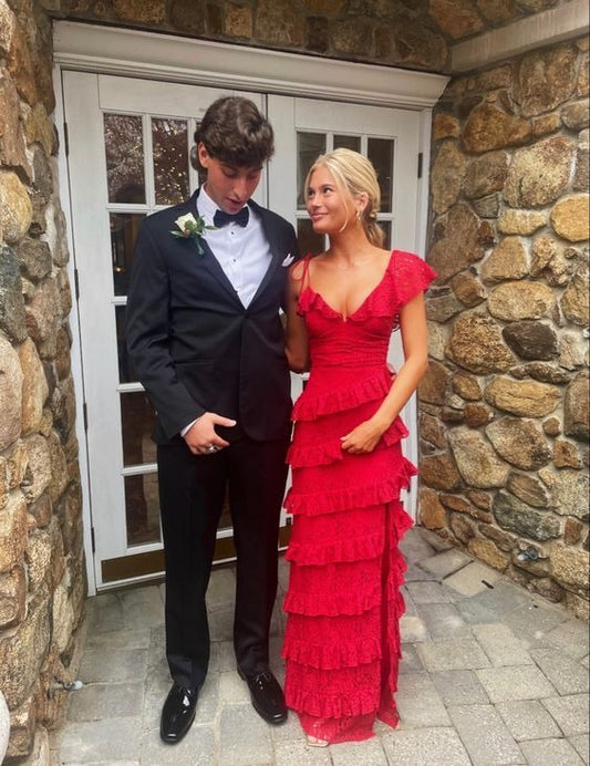 Red Lace Tiered Cute Sheath V Neck Long Prom Dress with Slit