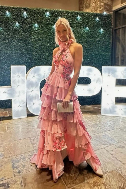 Floral Printed Chiffon A Line Halter Tiered Long Prom Dress, PD25249