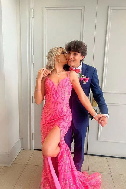 Pink Sequins Sparkly Mermaid V Neck Prom Dress with Slit