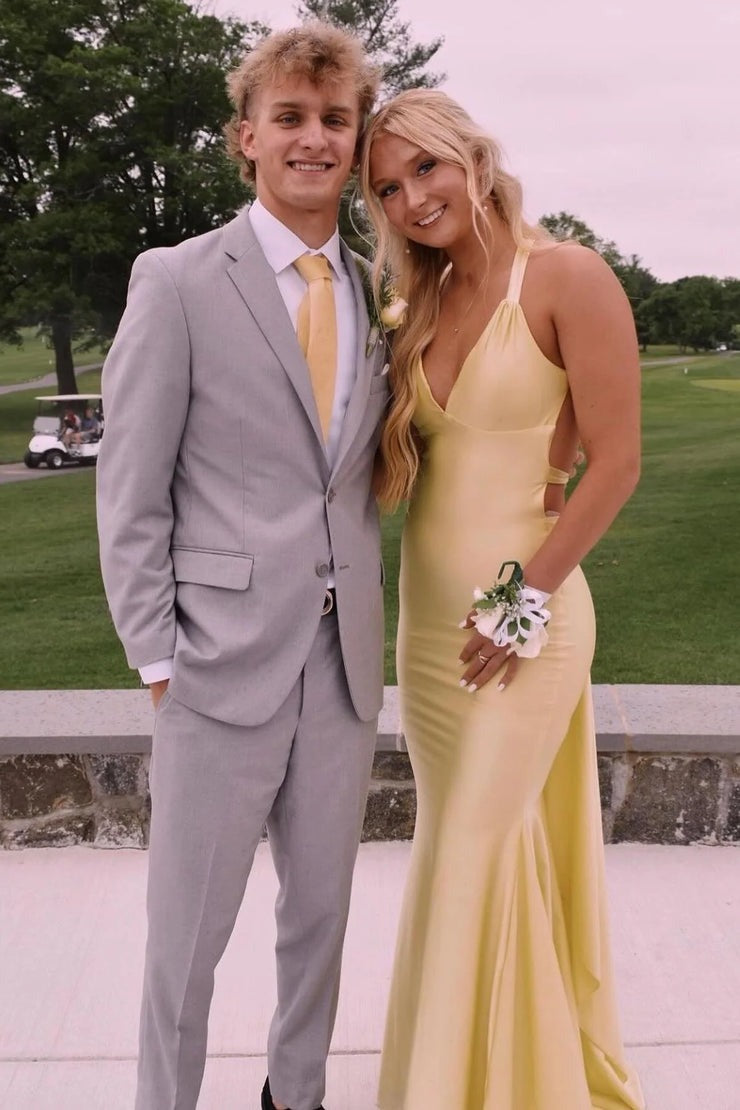 Yellow Satin Chic Mermaid Deep V Neck Prom Dress