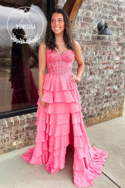 Cute Long A - Line Pink Tiered Ruffle Prom Dresses with Sweetheart Neckline and Slit, PD25940