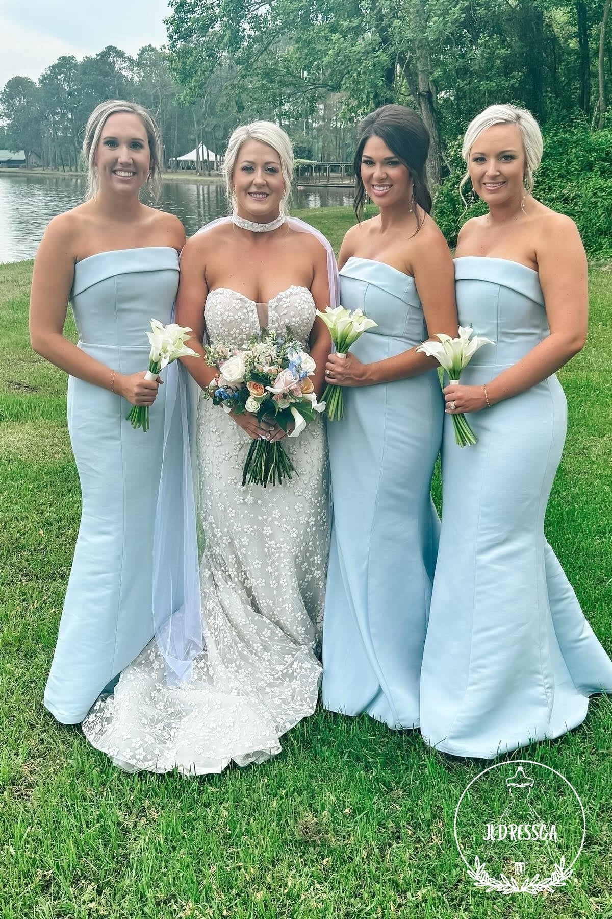 Light Blue Sheath Strapless Simple Satin Bridesmaid Dress, BD25030