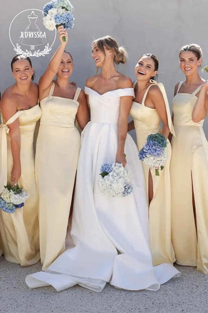 Yellow Sheath Straps Cute Satin Long Bridesmaid Dresses with Slit, BD25050