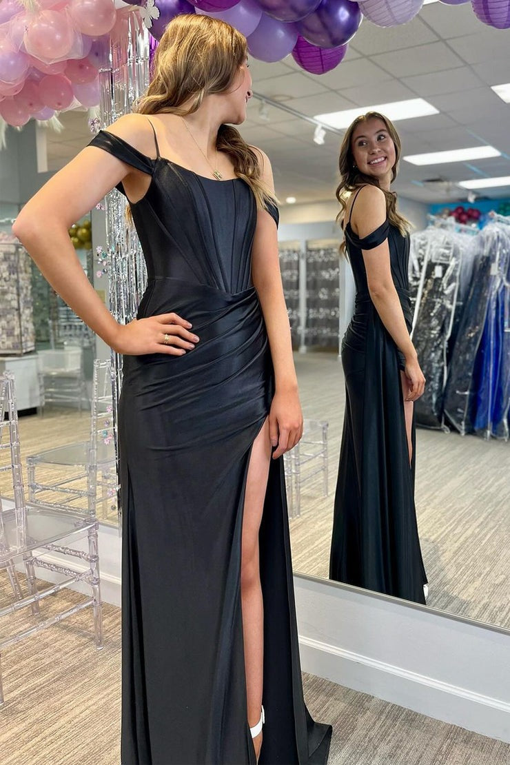 Black Satin Mermaid Cold Shoulder Long Prom Dress with Slit