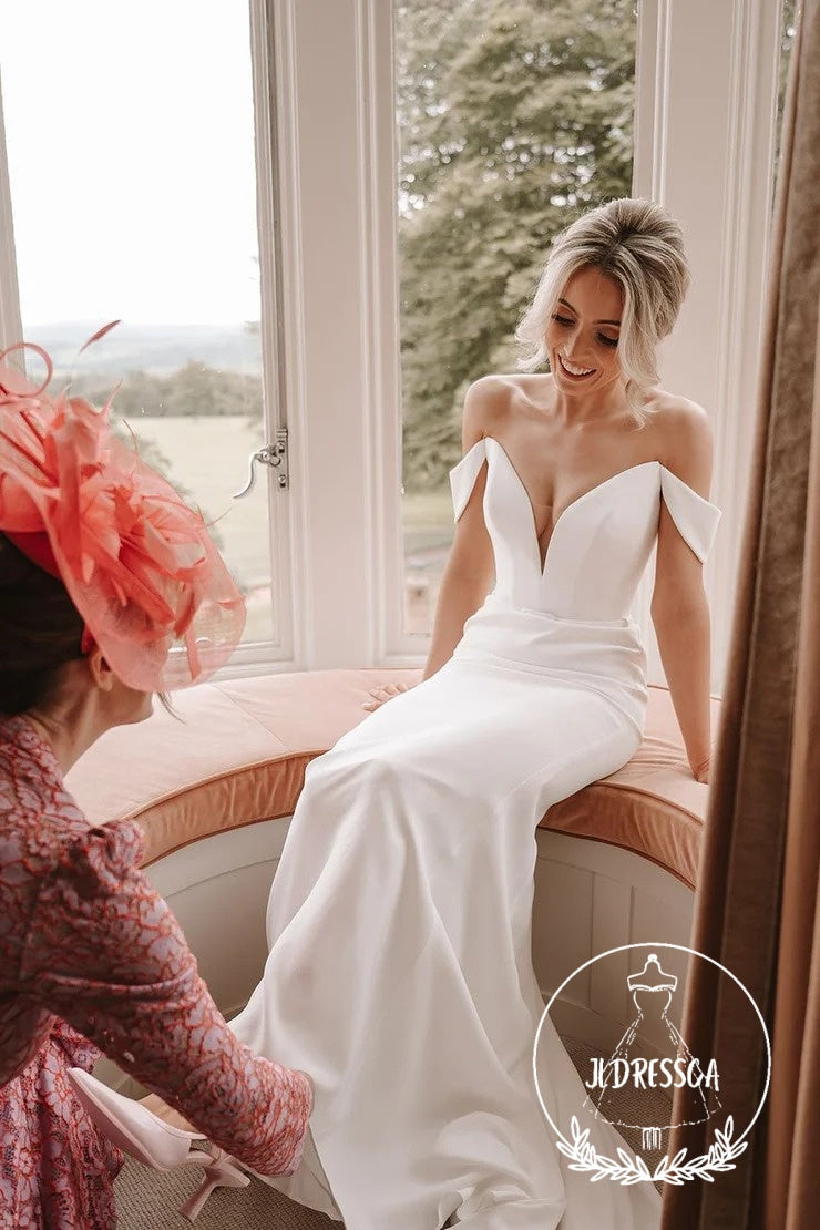 Elegant Long Mermaid Off the Shoulder Satin Wedding Dresses, WD25001