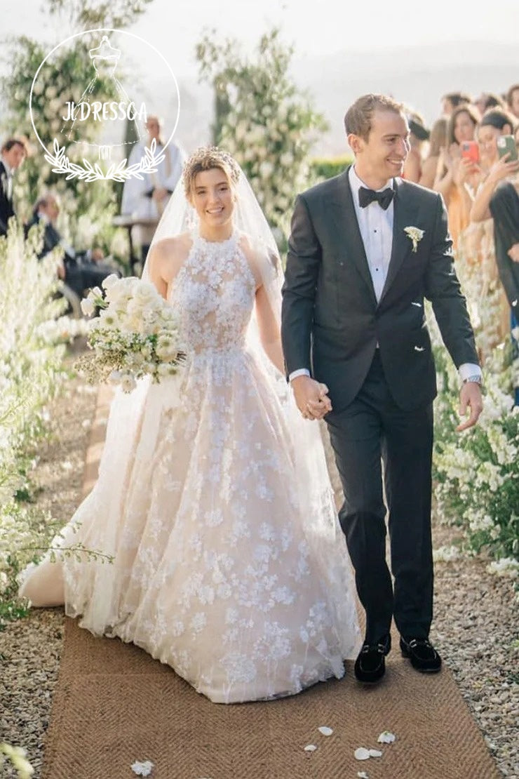 Romantic Long A-Line Tulle Wedding Dresses with Halter Neck and Appliques, WD25020