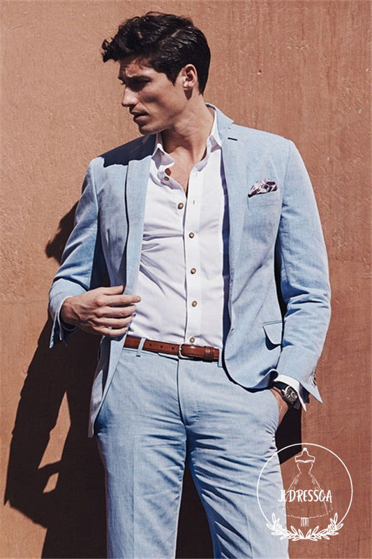 Fashion Casual Sky Blue Summer Men Suits Two-pieces Linen Beach Wedding Suits for Men, SU25028
