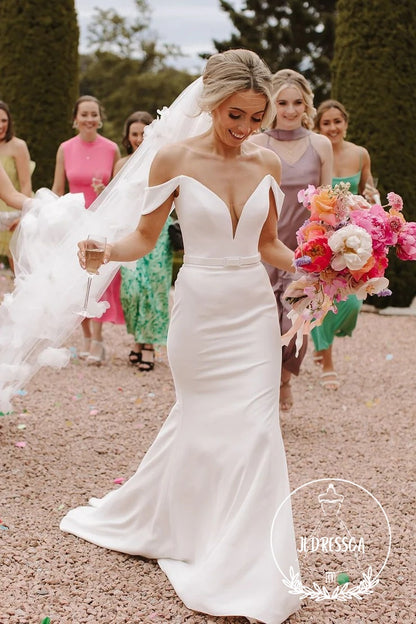 Elegant Long Mermaid Off the Shoulder Satin Wedding Dresses, WD25001