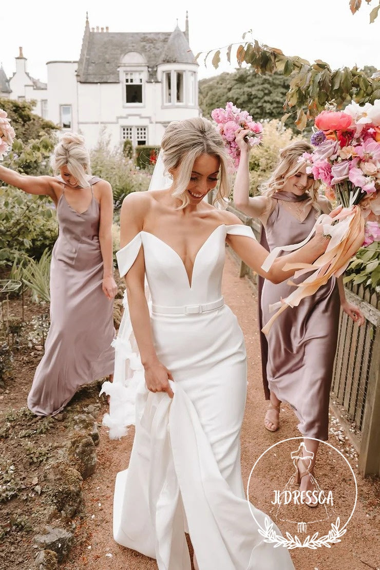 Elegant Long Mermaid Off the Shoulder Satin Wedding Dresses, WD25001