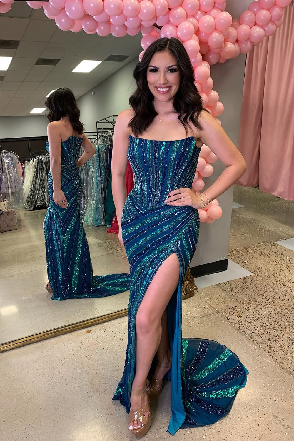 Blue Strapless Mermaid Sequins Long Prom Dress with Slit, PD25795