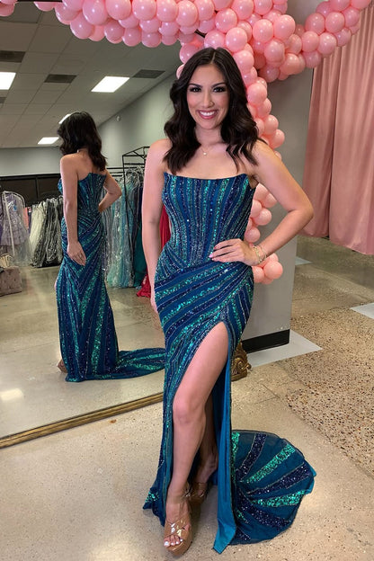 Blue Strapless Mermaid Sequins Long Prom Dress with Slit, PD25795
