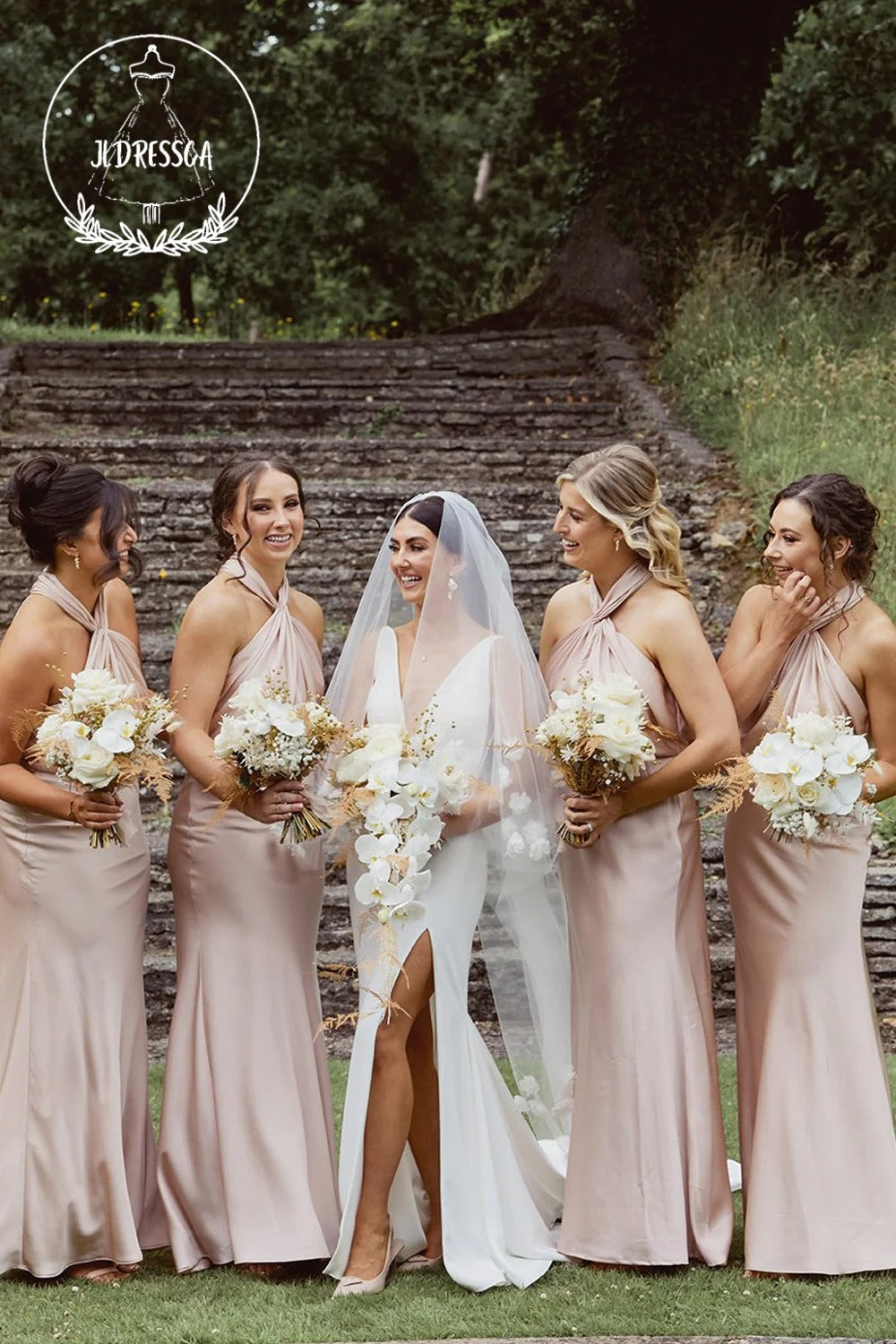 Blush Pink Mermaid Halter Satin Bridesmaid Dresses, BD25020