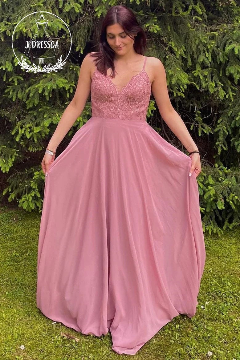 Pink Fairy A Line V Neck Chiffon Lace Long Bridesmaid Dress, BD25060