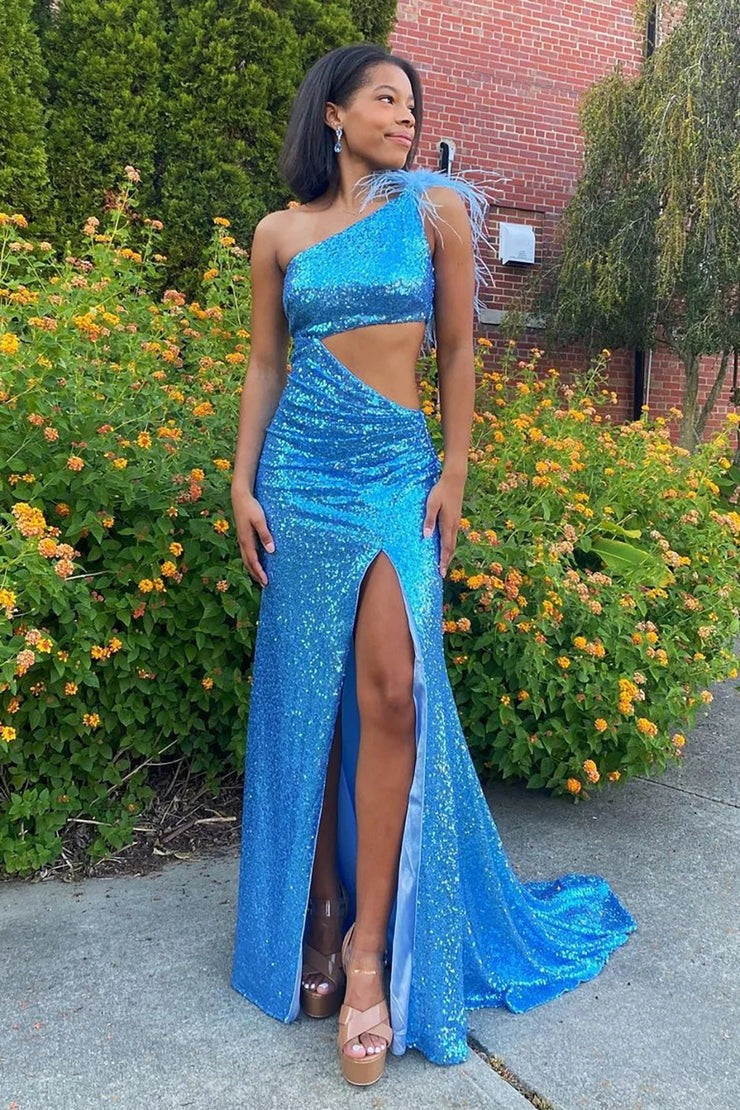 Sparkly Mermaid One Shoulder Blue Sequins Long Prom Dress with Feather