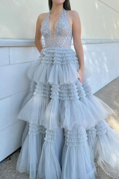 Grey Halter Long Tiered Tulle Prom Dresses with Appliques, PD25555