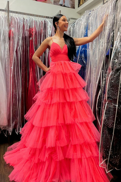 Fuchsia A Line V Neck Tiered Tulle Prom Dress with Slit, PD25613
