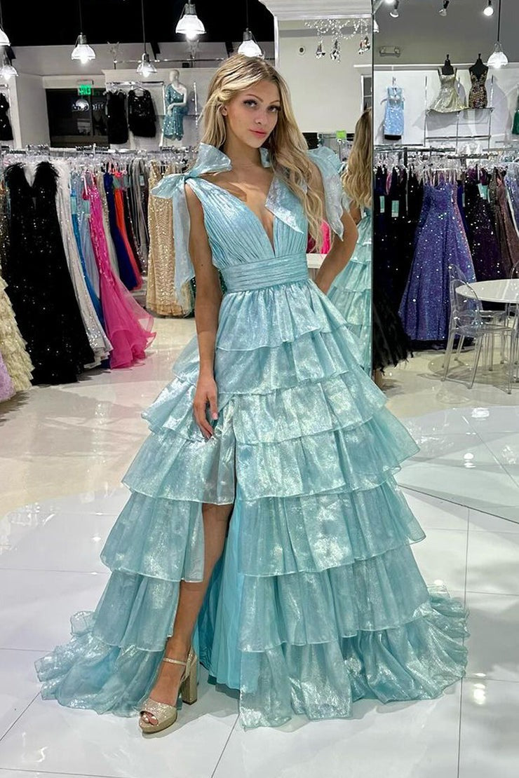 Light Blue V Neck Tiered Ruffle Long Prom Dresses with Slit